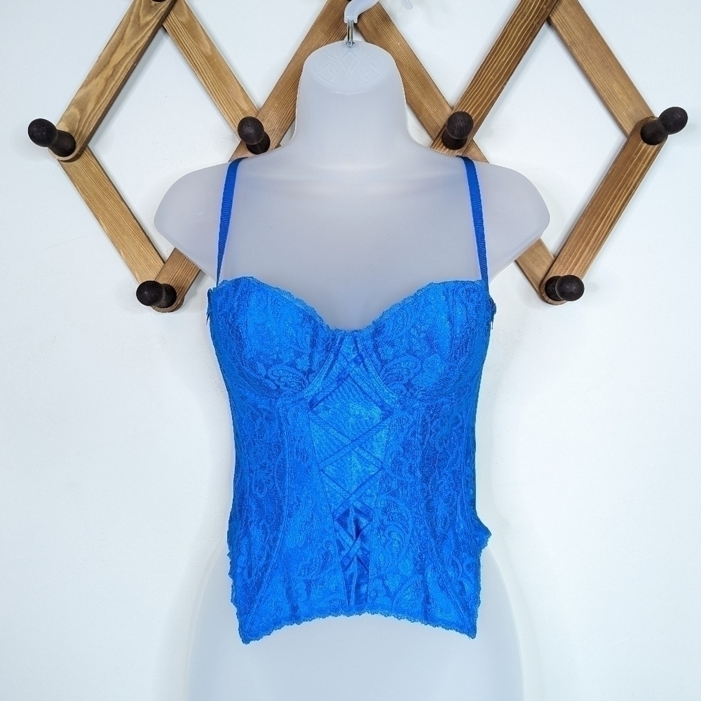 Frederick's of Hollywood Blue Satin Floral Lace Bustier Corset Top - 32 (XS)